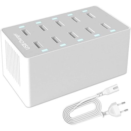 USB Ladestation, 50W 10-Port USB Oplader Hub, Multi-Port USB Oplader med Smart Detect, Kompatibel med iPhone, Galaxy, iPad Tablet og Andre USB