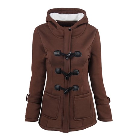 Fashion Fleece Jakke med Hornknapper og Hætte til Kvinder - Varm Vinterjakke brun