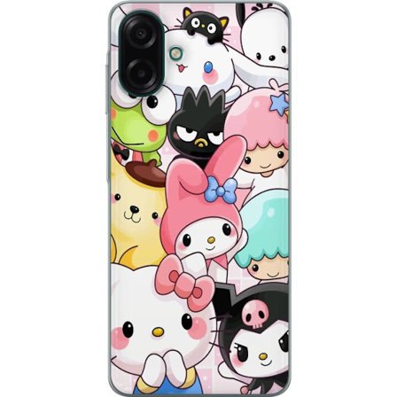 Kompatibelt Mobildeksel til Samsung Galaxy A07 4G Tett mønster av søte figurer med store øyne i ulike farger og uttrykk med LABUBU-tekst