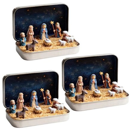 Mini Julekrybbe-sett i en boks av blikk - Bærbar lommeformat Julekrybbe-scene Gave Blikkboks Julekrybbe-sett Figurer Juledekor Innendørs for 