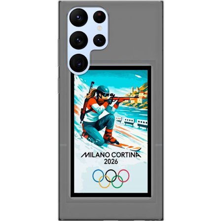 Kompatibelt Mobildeksel til Samsung Galaxy S22 Ultra 5G Retroplakat Cortina Milano 2026 med fjell, vintersportsutøvere, italienske trikolor, Milano-ka