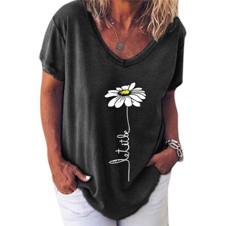 Kvinnor T-shirt V-hals Blomma Utskrift Top Kortärmad Lös