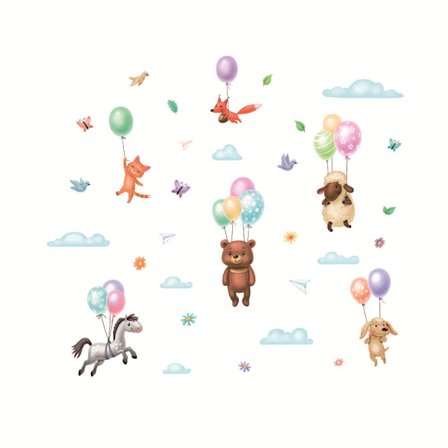 En uppsättning väggdekaler med djurballonger - räv, björn, katt - för sovrummet