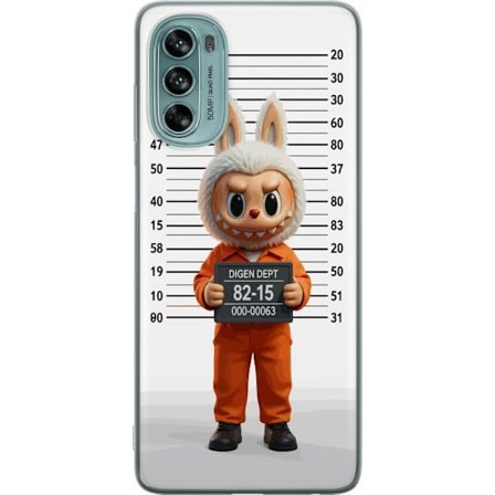 Kompatibel Mobilcover til Motorola Motorola Moto G62 5G Sød tegnet kaninfigur i fængselsklæder med fangenummer mod baggrund med længdemåling