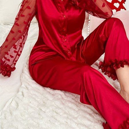 Elegant pyjamassæt til kvinder | Valentinsdag ensfarvet med kontrast mesh-ærmer og flæsekant, cardigan med knapper, strækstof