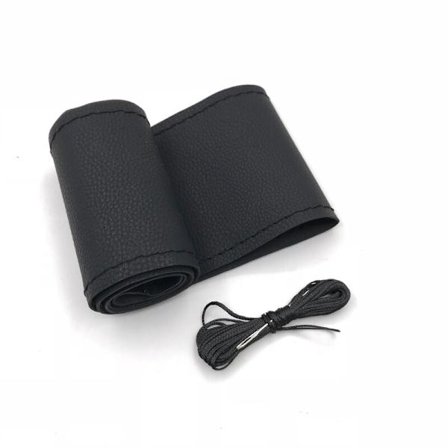 (Svart) 37cm/38CM DIY Ratt Skydd Mjukt Konstläder Fläta på Bilens Ratt med Nål Tråd Tillbehör