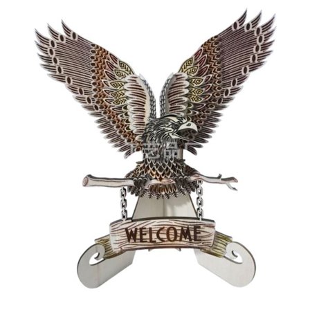 Treskulptur av ørn med velkomstskilt – 3D-utskårne treornamenter for døråpning, entrebord eller skrivebordsdekor, patriotisk fuglefigur for hjemmet