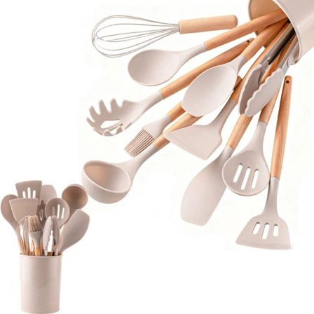 Sett med 12 kjøkkenredskaper i silikon med trehåndtak - oppbevaringsbeholder - non-stick panne og kjøkkenredskaper - sett med stekespade og skje