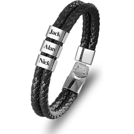 Personligt Läderarmband för Män Silver Svart Namn Pärlor Charm Armband