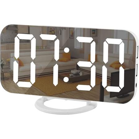 Digital vækkeur, spejloverflade LED elektroniske ure, med USB-oplader, snooze-model