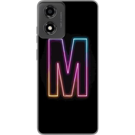 Kompatibelt Mobildeksel til Motorola Moto E14 Neonbokstav M med fargeskiftende lys effekt mot svart bakgrunn, moderne minimalistisk typografi med ster