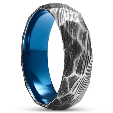 Fortis | 7 mm Anillo de acero de Damasco gris y titanio azul facetado para hombres - Anillos de acero