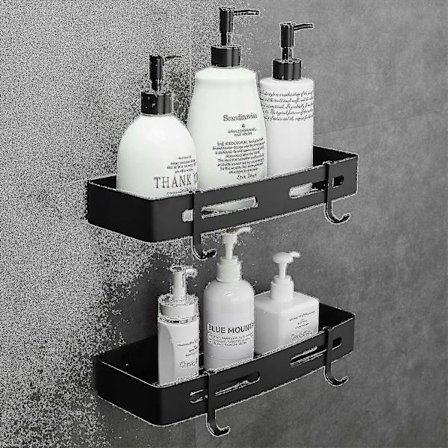 Badrumshylla Svart Dusch Caddy Dusch Organizer Tillbehör Inga skruvar, Självhäftande, Aluminiumutrymme, Inget Rostskyddat set med 2 med H