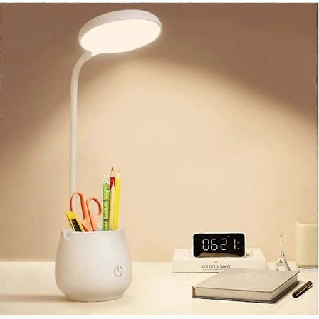 Skrivebordslampe for kontor, hjem og sovesal, liten oppladbar LED-bordlampe med penn-/telefonholder, liten øyepleie-bordlampe