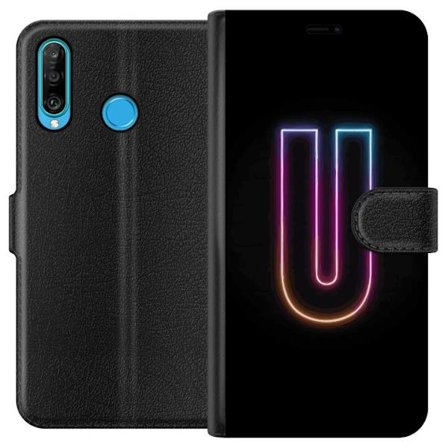 Kompatibel Tegnebogsetui til Huawei Huawei P30 lite Minimalistisk neonbogstav U i farverig lyseffekt mod sort baggrund