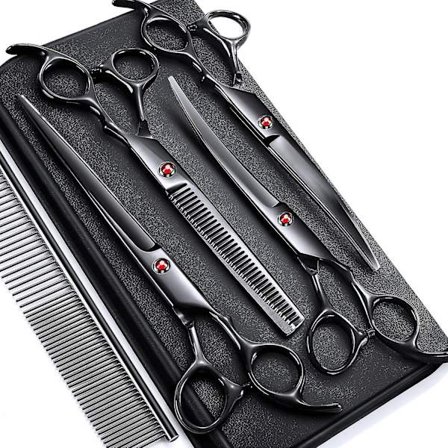 7.0 tommer rustfrit stål 6 i 1 professionelt hundeplejesaks sæt, tung 4cr titaniumbelagt lige tyndning buet saks kam sæt til hund