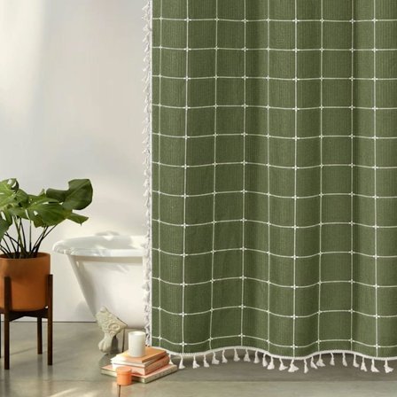 Grön Boho Farmhouse Duschdraperi med Tofs, Boho Chic Modern Badrumsdekor Duschdraperi Set med Krokar, 72x72