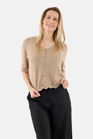 SIGNATURE - Kortærmet Strik Cardigan - Beige - V-Hals