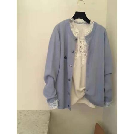 Kvinder Strik Efterår Vinter Sweater Rund Hals Cashmere Cardigan Løs Sweater Frakke Broderi Haze blue M