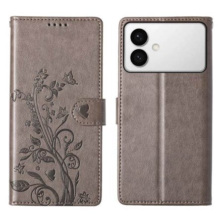 Samsung Galaxy S26 Edge Plånboksfodral Konstläder Fjäril Blommönster - Grå