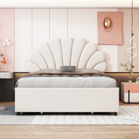 Säng med klädsel 140x200 cm – blommig sänggavel med säng & hyllor, sammetsöverdrag (beige) – ungdomssäng, dubbelsäng, vuxensäng