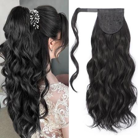 Lang bølget wrap around hestehale forlengelse fluffy klips i syntetisk