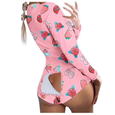 Mun Print Dam Onesie Pyjamas Funktionell Butt Flap Romper Nattkläder Sexig Bodycon Onesies Combinaison Femme Pink M
