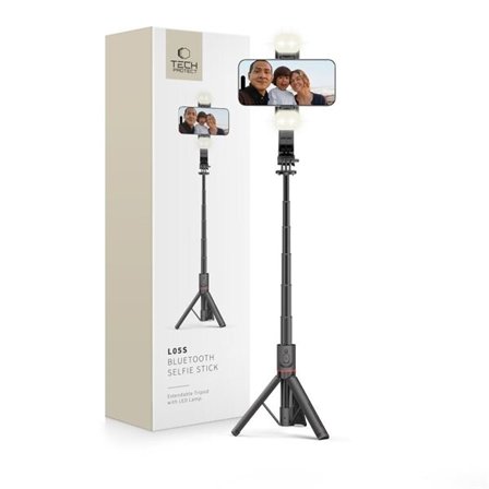 Tech-Protect L05S Bluetooth Selfie Stick med stativ opp til 105 cm med LED-lys - Svart