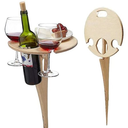 Bärbar vinfällbart bord för utomhusbruk - Runt hopfällbart bord - Picknickbord i trä - Picknick utomhus - Parkgräsmatta - Vinglashållare - Resor