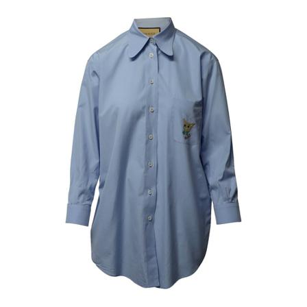 Gucci Vintage, Gucci Button Down Shirt with Cat Patch in Light Blue Cotton Blauw, Dames, Maat:S,Katoen