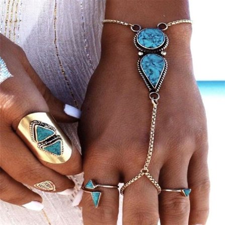 Boho Hand Chain Bracelet Turkos Finger Ring Armband Etnisk Ring Armband Hand Chain Vintage Turkos Hand Harness Armband Smycken för Kvinnor