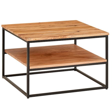 Rootz sofabord 60x60x41 cm massivt træ metal sofabord stuebord akacie - Industrielt værelsesbord med opbevaringsplads - Firkantet træbord, massivt sof