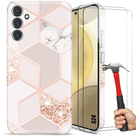 Etui til Samsung Galaxy S24 med 2 hærdede briller, Pink marmormønster silikonebeskyttelse
