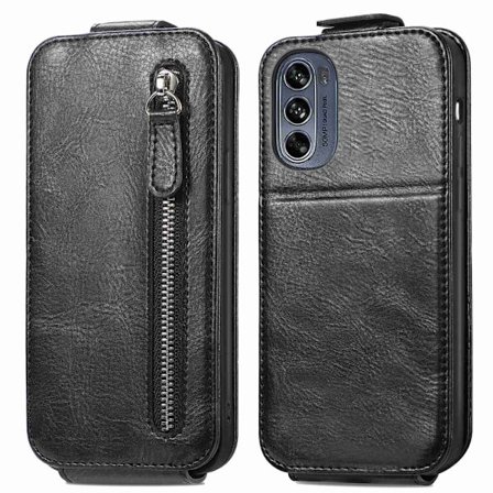 Vertical Flip Phone Suojakotelo With Zipper For Motorola Moto G62 5G - Musta