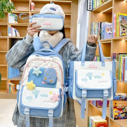 4-Pakks Ryggsekk for Jenter med Tote Bag, Penal og Hodetelefonveske, Søt Skolesekk for Barn, Ungdomsskole og Videregående Skole_TF_TF