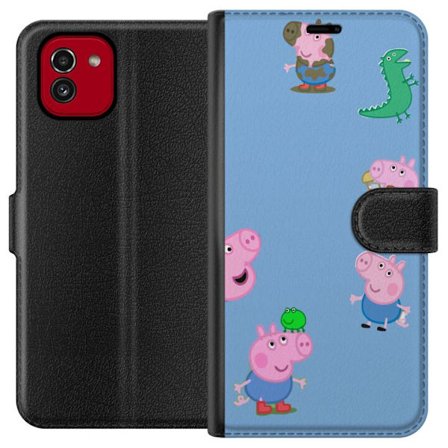Yhteensopiva Lompakkokotelo Samsung Galaxy A03 Peppa Pig kasvomalli vaaleansinisellä pohjalla, toistuva leikkisä lasten motiivi Greeta Possulla