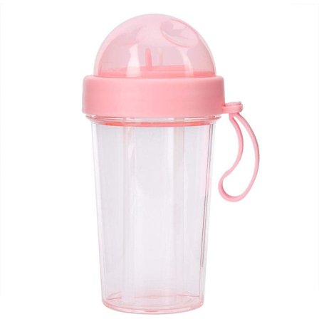 Vattenflaska, sportflaska i plast 420 ml vattenflaska Resevattenkanna med 2 fack och 2 sugrör för resecamping (rosa)