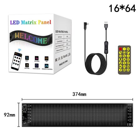 Fleksibel RGB LED Matrix Display 16x64 Piksler Bluetooth Programmerbar Rullende Meldingspanel for DIY Klær