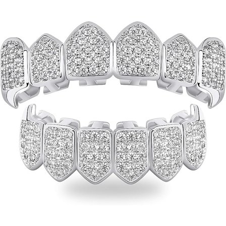 Diamanter Griller for Dine Tenner Kvinner 18K Gullbelagt Helt Iset Ut CZ Vampyr Topp og Bunn Ansikt Munn Menn med Ekstra Formingsstenger Cosplay 