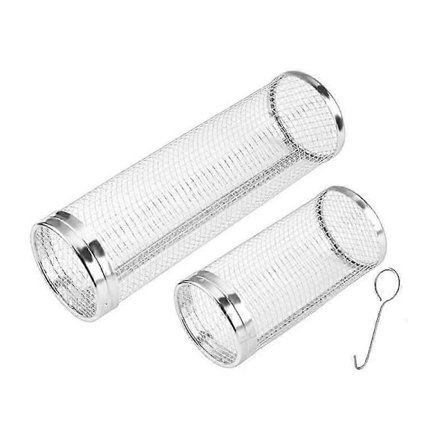 Rullende Grillkurv, Grillnet til Udendørs Grillgrøntsager, Grill Rustfrit Stål Trådnet Cylinder (Stor+Lille)[YJD]