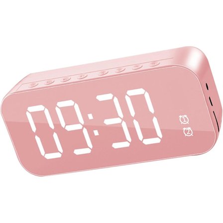 LED Spejl Vækkeur, Digital Højttaler Vækkeur, USB Opladning Digital Tidsvisning Skrivebord Trådløst Sengelampeur til Soveværelse Hjemmekontor Pink