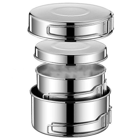 Sett med 4 rustfrie stål kokekarsett Bærbart rustfritt stål Panne Gryte Tallerken Camping Kokekarsett for utendørs innendørs Kjøkken Familie Camping 