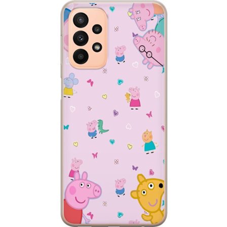 Kompatibelt Mobildeksel til Samsung Galaxy A23 5G Peppa Gris med en baby i armene, mamma gris motiv i fargerik og myk barneillustrasjon med hjerter