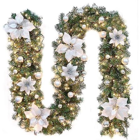 Juleguirlande, juleguirlande med belysning, juleguirlande udendørs, 2,7 m juleguirlande til hjem, have, feriefester, trapper, C