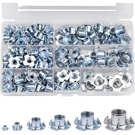 105-delt T-møtriksæt - M4 M5 M6 M8 M10 Klomøtrikker i kulstofstål til træbearbejdning, apparater, VVS DIY