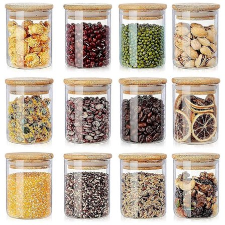 12 stk. Glas Krukke Sæt, Krydderiglas med Bambuslåg, Klare Glas Madopbevaringsbeholdere, Køkken C