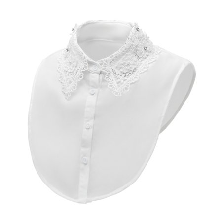 Hvid blondekrave til damer, aftagelig blusekrave med rhinsten, elegant halvskjortehalsudskæring til trøjer, kjoler og skjorter