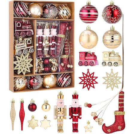 50 stycken röda och guld julgranskulor, plastjulgranskulor med krokar, med presentpapper, återanvändbara juldekorationer (röd)