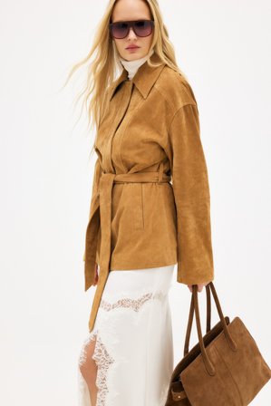 Premium Selection - Jakke i semsket skinn med belte - Ekte skinn - Brun - EU 32