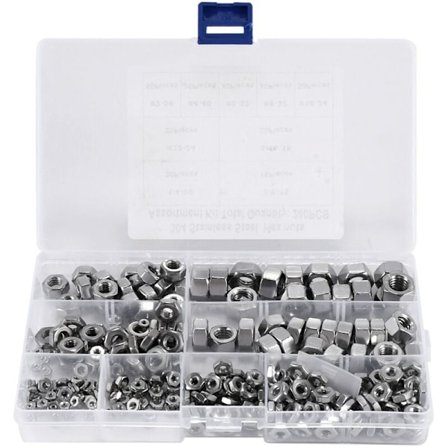 Rustfrit stål møtrikker 2-56 til 3/8 tommer-16 UNC sekskantmøtrik sortiment til skruer bolte-280 stykker serie